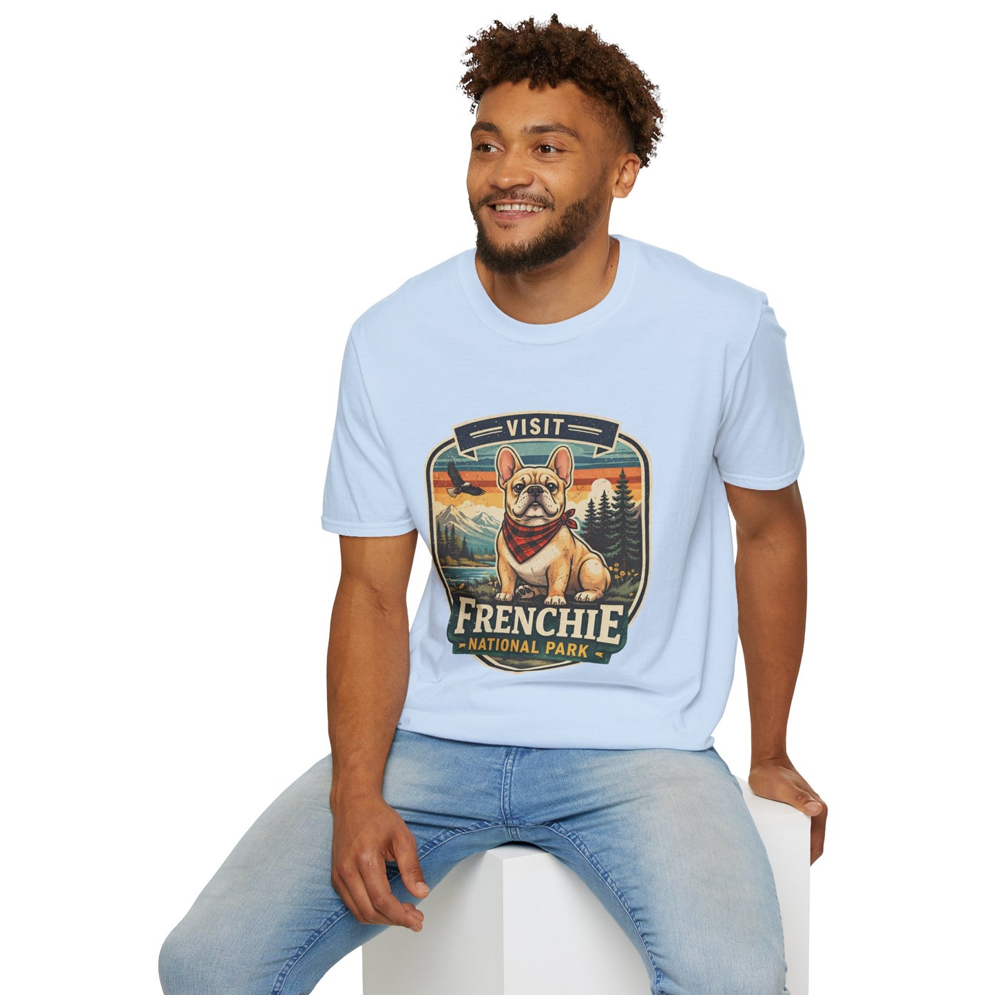 French Bulldog National Park T-Shirt | Vintage Badge Design with Mountains and Sunset for Dog Lovers | Gildan Softstyle 64000 Premium Tee