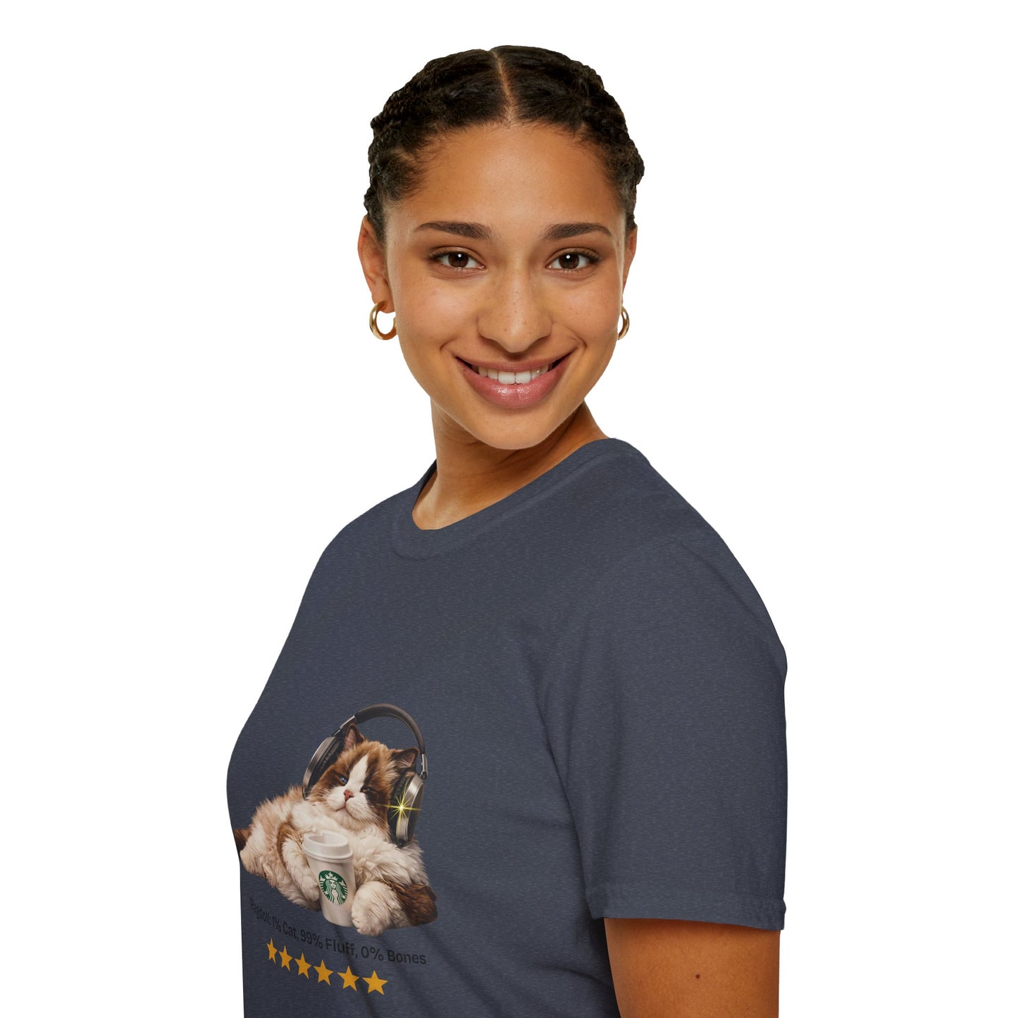 Cat Coffee Review T-Shirt — Relaxed Cat with Headphones & 5-Star Latte Tee | Gildan Softstyle 64000 Premium Tee