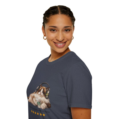 Cat Coffee Review T-Shirt — Relaxed Cat with Headphones & 5-Star Latte Tee | Gildan Softstyle 64000 Premium Tee