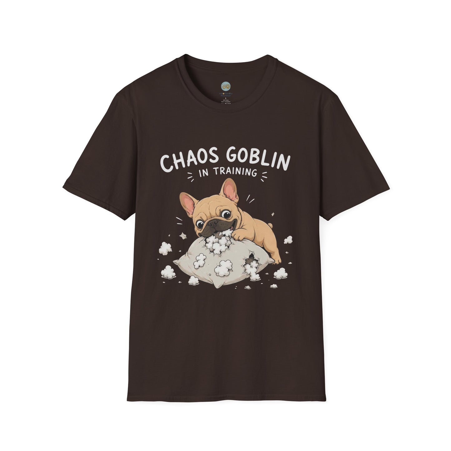 Chaos Goblin In Training T-Shirt | French Bulldog Destroying Pillow | Gildan Softstyle 64000
