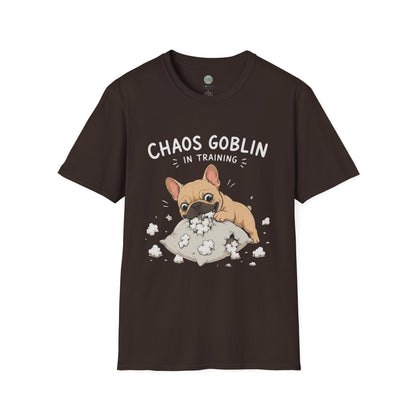 Chaos Goblin In Training T-Shirt | French Bulldog Destroying Pillow | Gildan Softstyle 64000
