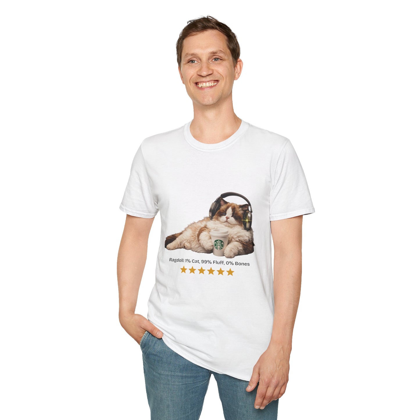Cat Coffee Review T-Shirt — Relaxed Cat with Headphones & 5-Star Latte Tee | Gildan Softstyle 64000 Premium Tee