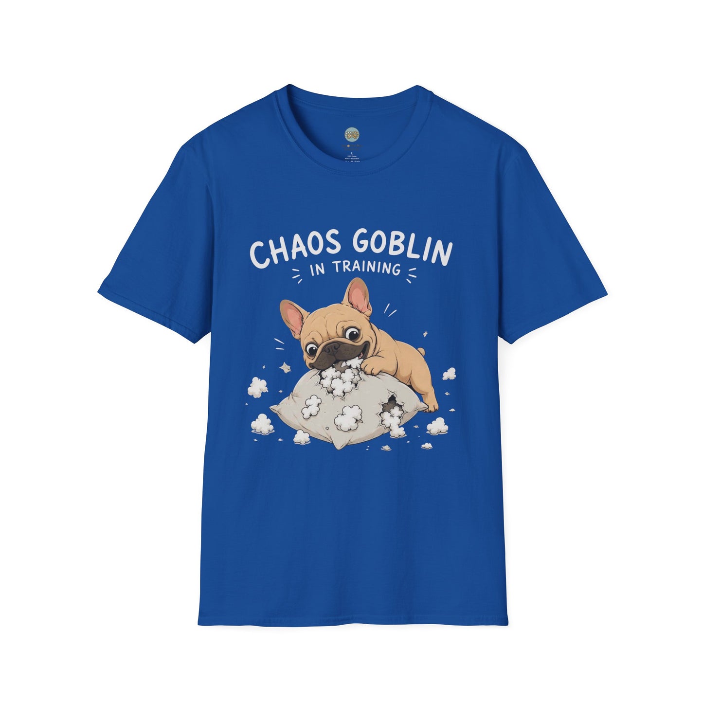 Chaos Goblin In Training T-Shirt | French Bulldog Destroying Pillow | Gildan Softstyle 64000