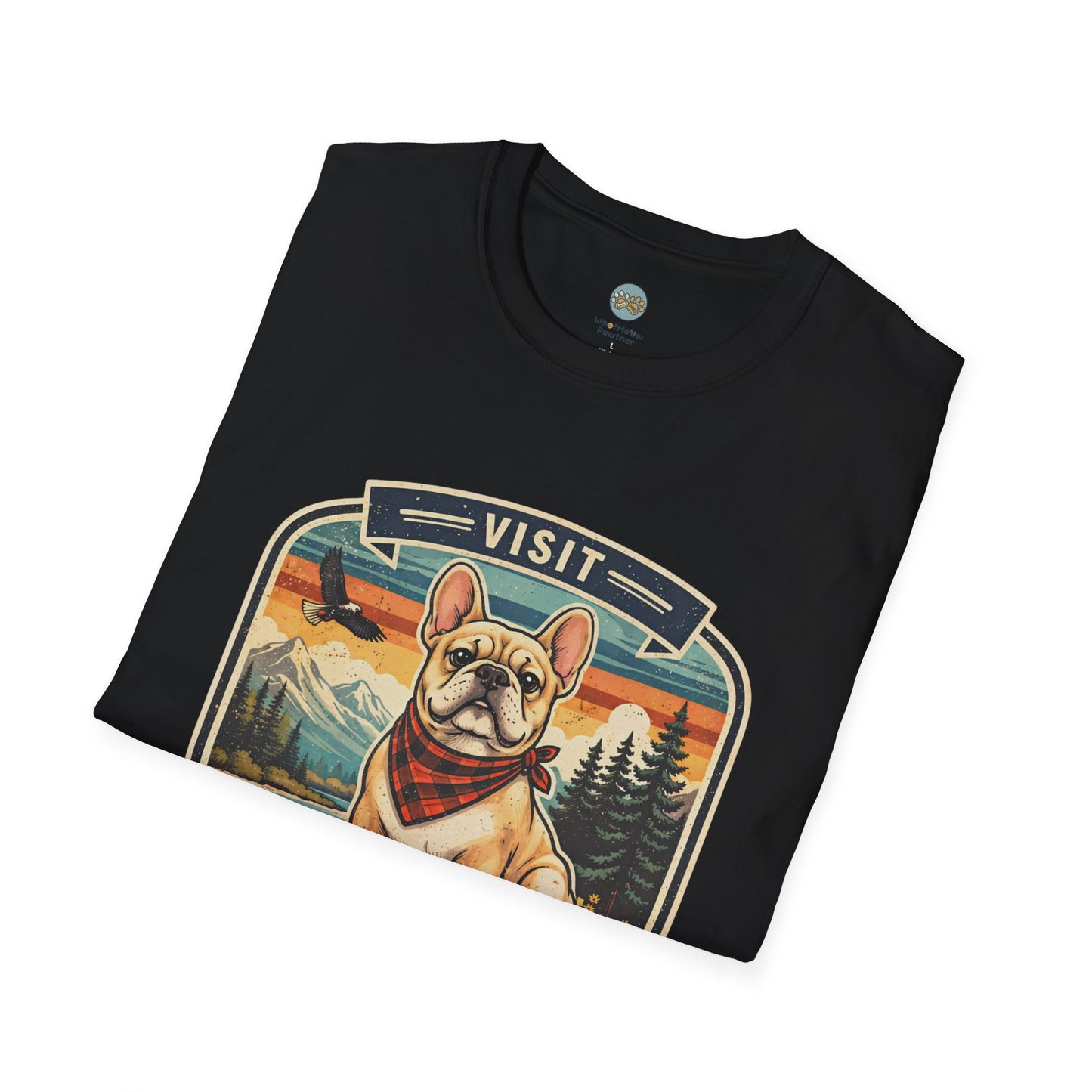 French Bulldog National Park T-Shirt | Vintage Badge Design with Mountains and Sunset for Dog Lovers | Gildan Softstyle 64000 Premium Tee
