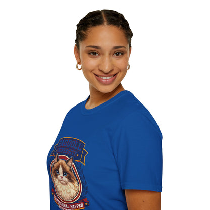 Ragdoll University T-Shirt | Vintage College Crest Style | Gildan Softstyle 64000 Premium Tee for Cat Moms and Dads