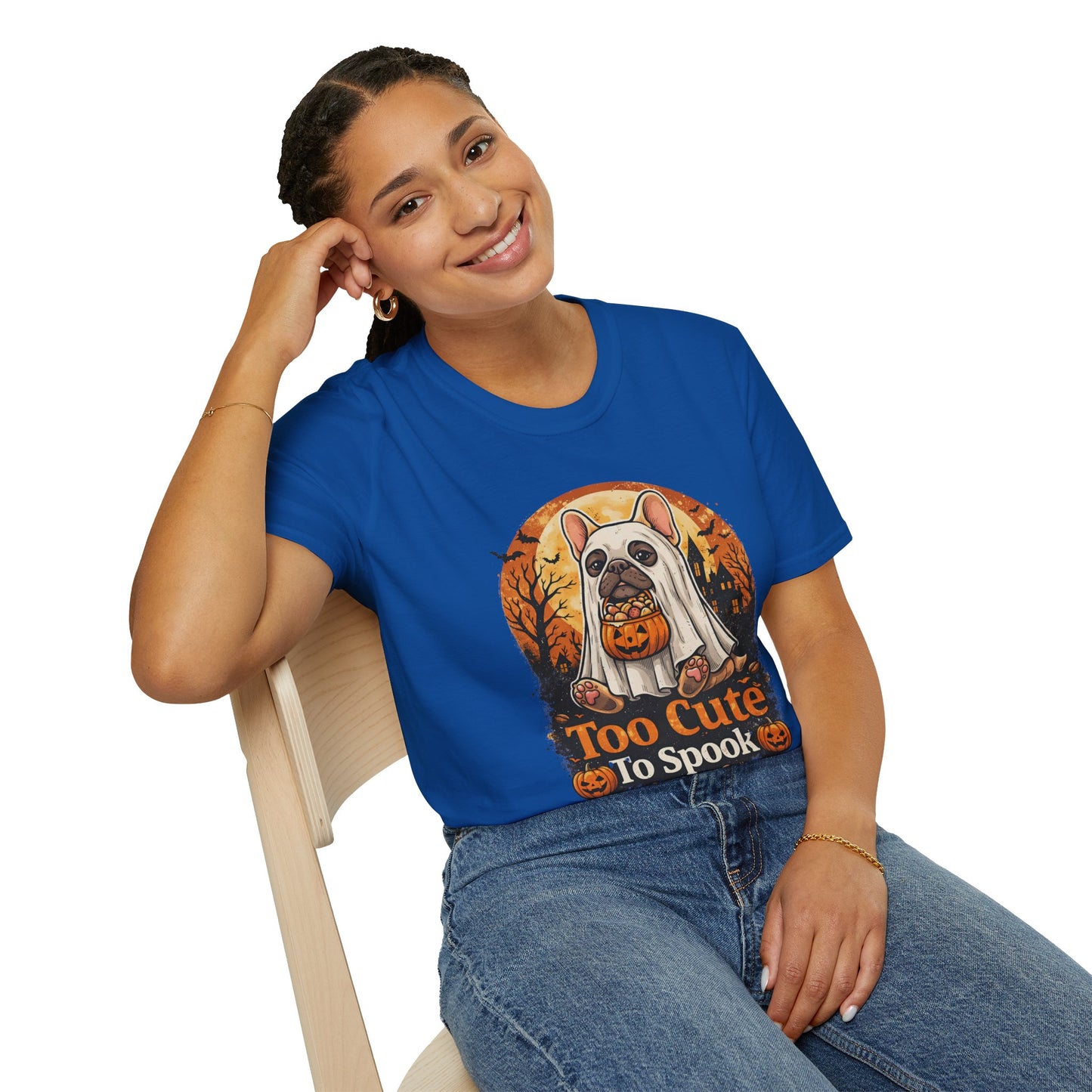 French Bulldog - Too Cute To Spook Halloween T-Shirt | Frenchie in Ghost Costume | Gildan Softstyle 64000 Premium Tee
