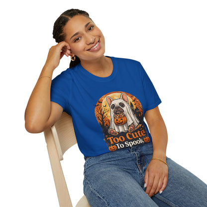 French Bulldog - Too Cute To Spook Halloween T-Shirt | Frenchie in Ghost Costume | Gildan Softstyle 64000 Premium Tee