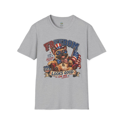 French Bulldog 4th of July Shirt | Freedom Looks Good On Me | Frenchie with American Flag for Dog Lovers | Gildan Softstyle 64000