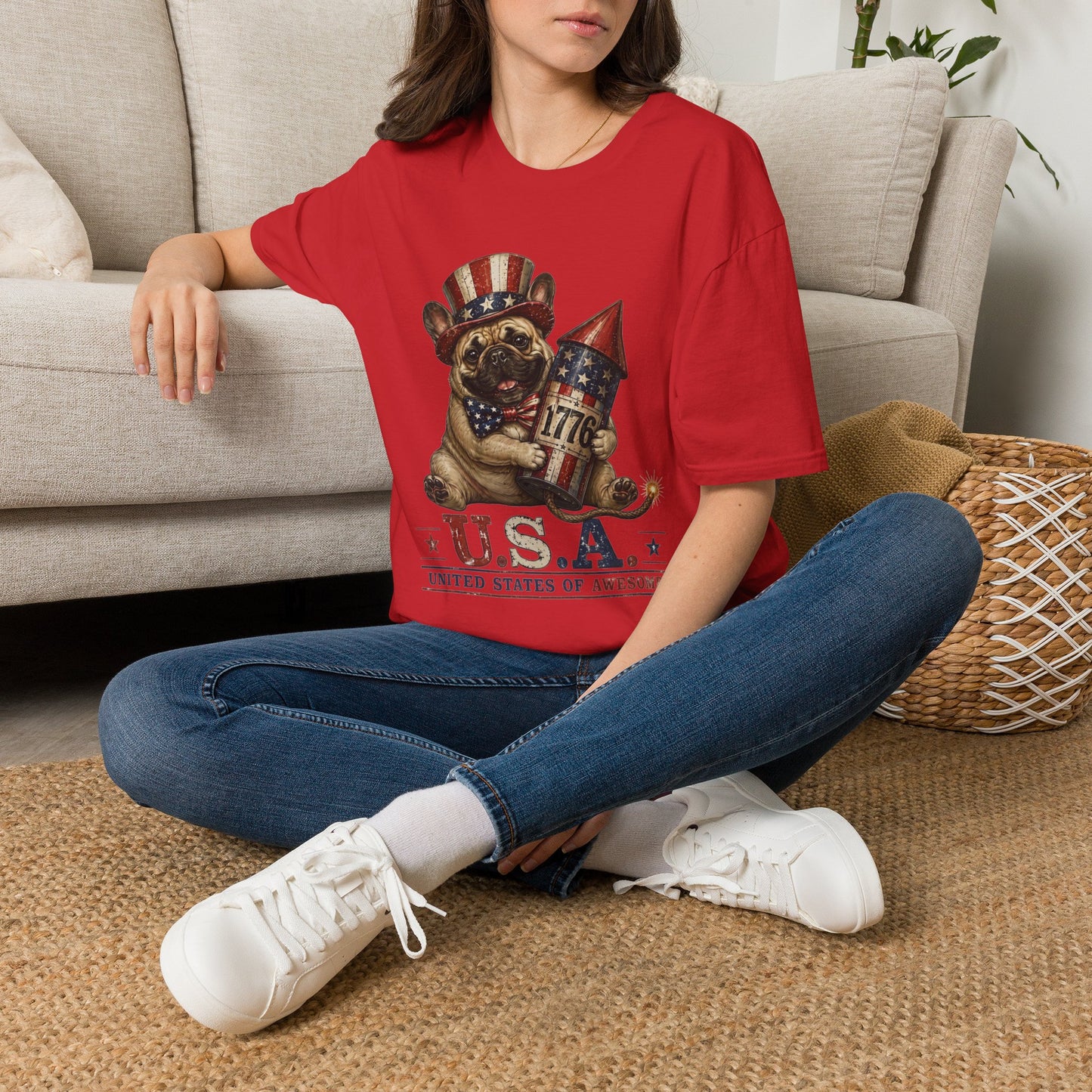 USA United States of Awesome 4th of July T-Shirt | Frenchie with 1776 Firework | Gildan Softstyle 64000