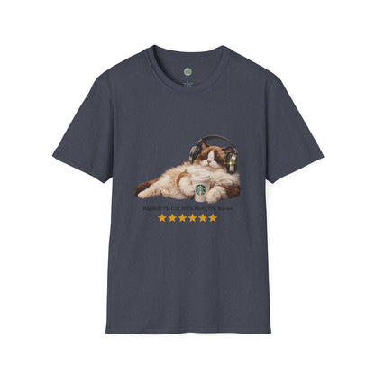 Cat Coffee Review T-Shirt — Relaxed Cat with Headphones & 5-Star Latte Tee | Gildan Softstyle 64000 Premium Tee