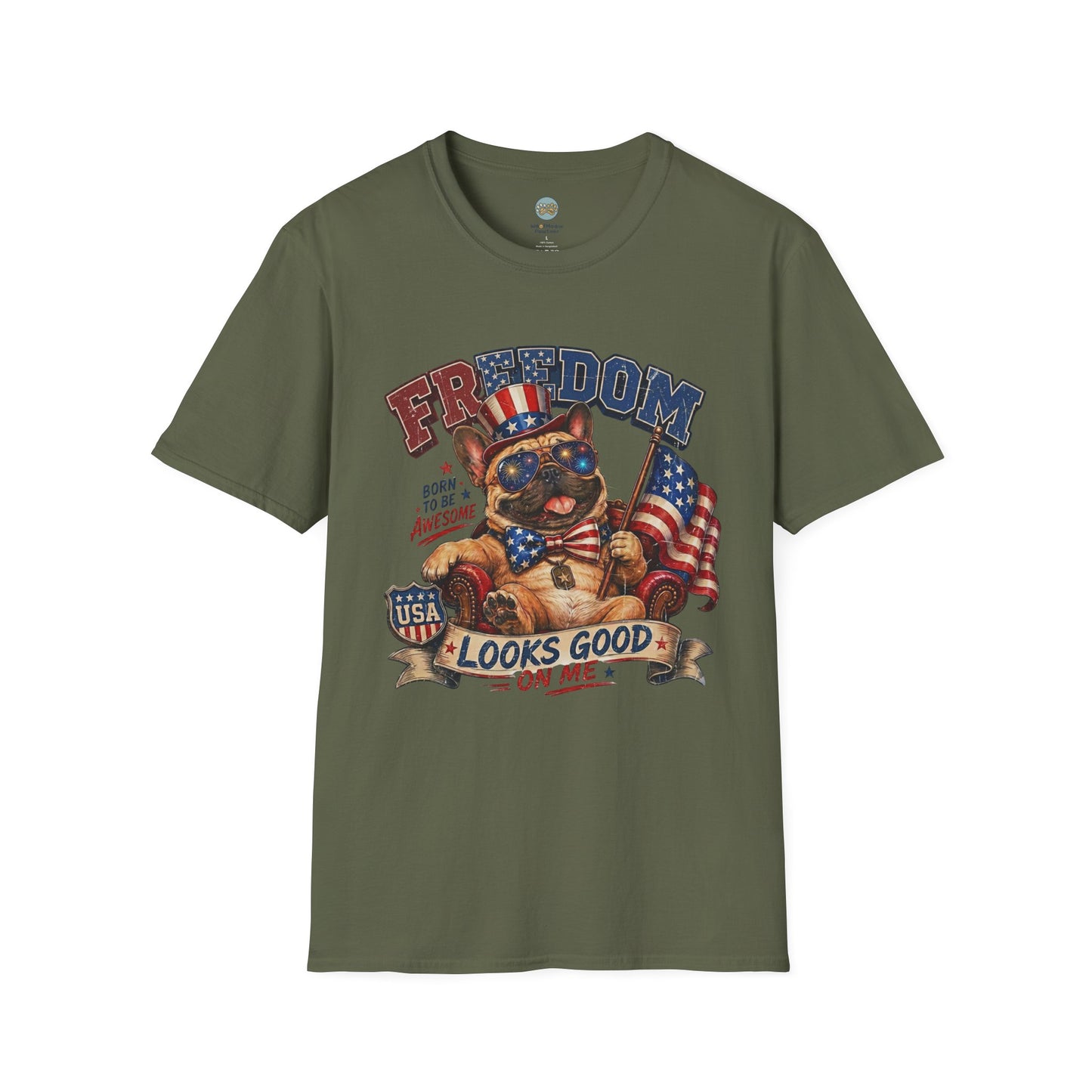 French Bulldog 4th of July Shirt | Freedom Looks Good On Me | Frenchie with American Flag for Dog Lovers | Gildan Softstyle 64000