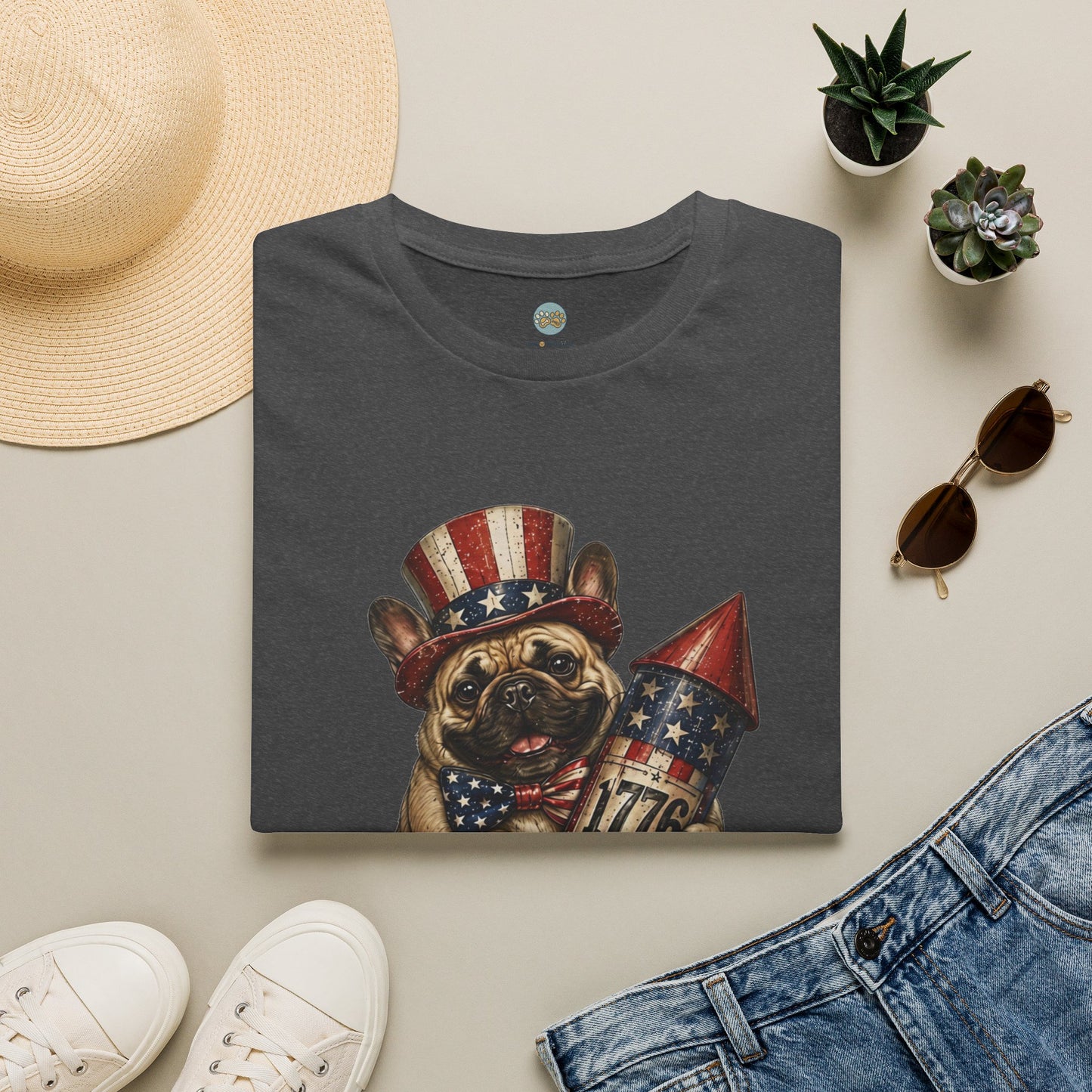 USA United States of Awesome 4th of July T-Shirt | Frenchie with 1776 Firework | Gildan Softstyle 64000