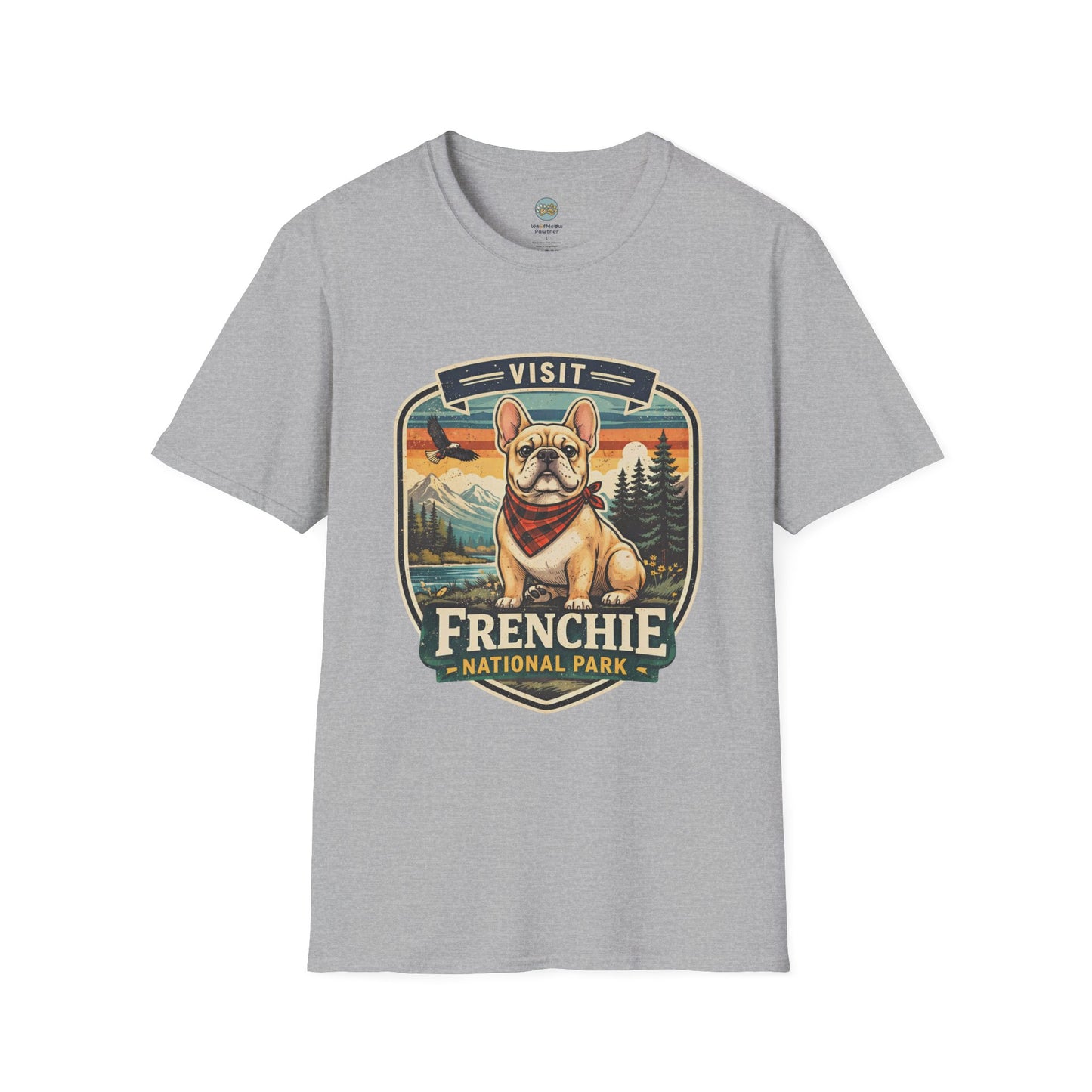 French Bulldog National Park T-Shirt | Vintage Badge Design with Mountains and Sunset for Dog Lovers | Gildan Softstyle 64000 Premium Tee