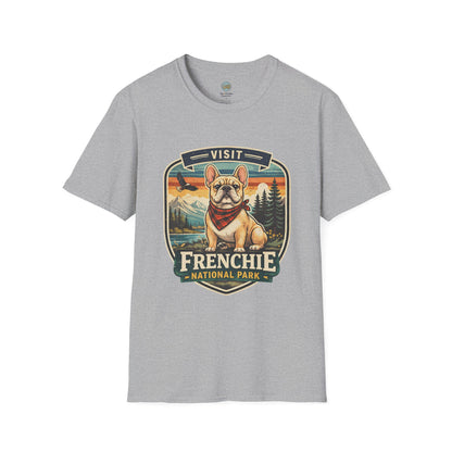 French Bulldog National Park T-Shirt | Vintage Badge Design with Mountains and Sunset for Dog Lovers | Gildan Softstyle 64000 Premium Tee