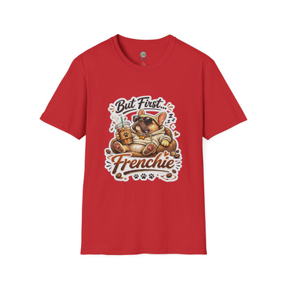 French Bulldog T-Shirt - But First Frenchie | Cute Sleeping Frenchie with Coffee Cup Morning Design | Gildan Softstyle 64000 Premium Tee