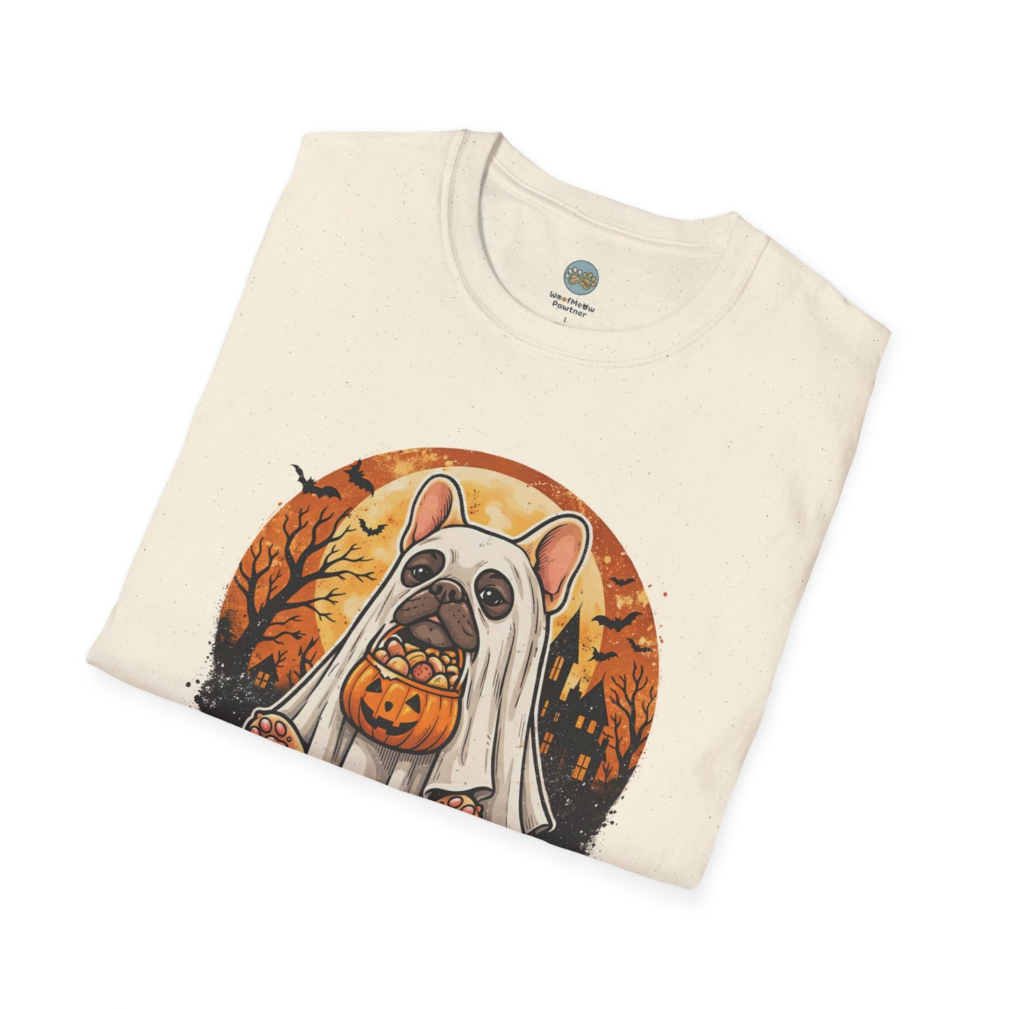 French Bulldog - Too Cute To Spook Halloween T-Shirt | Frenchie in Ghost Costume | Gildan Softstyle 64000 Premium Tee