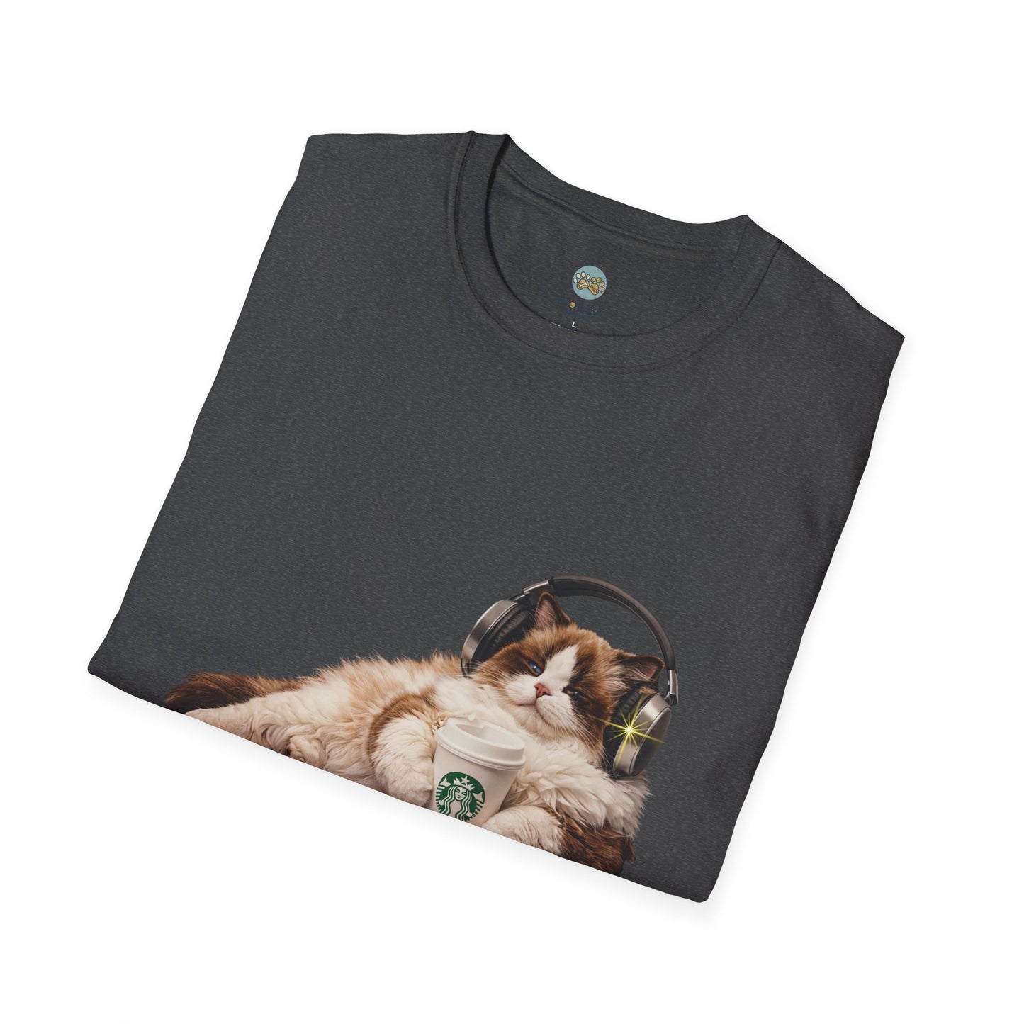 Cat Coffee Review T-Shirt — Relaxed Cat with Headphones & 5-Star Latte Tee | Gildan Softstyle 64000 Premium Tee