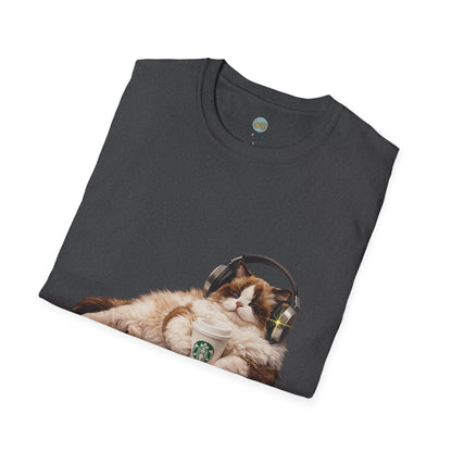 Cat Coffee Review T-Shirt — Relaxed Cat with Headphones & 5-Star Latte Tee | Gildan Softstyle 64000 Premium Tee