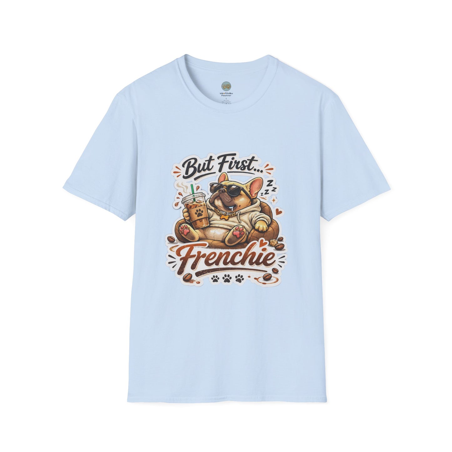 French Bulldog T-Shirt - But First Frenchie | Cute Sleeping Frenchie with Coffee Cup Morning Design | Gildan Softstyle 64000 Premium Tee
