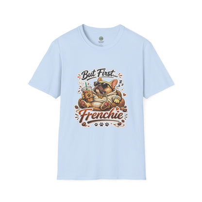 French Bulldog T-Shirt - But First Frenchie | Cute Sleeping Frenchie with Coffee Cup Morning Design | Gildan Softstyle 64000 Premium Tee