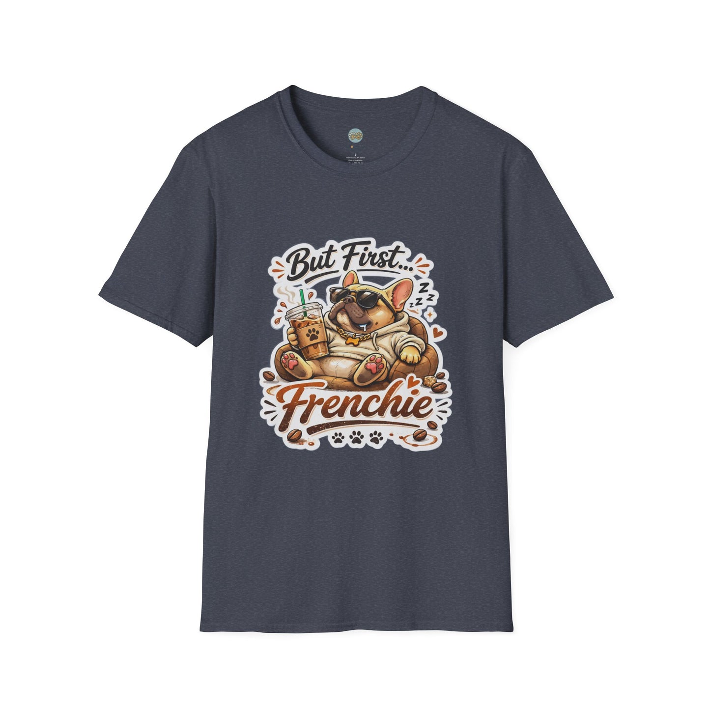 French Bulldog T-Shirt - But First Frenchie | Cute Sleeping Frenchie with Coffee Cup Morning Design | Gildan Softstyle 64000 Premium Tee