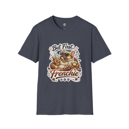 French Bulldog T-Shirt - But First Frenchie | Cute Sleeping Frenchie with Coffee Cup Morning Design | Gildan Softstyle 64000 Premium Tee