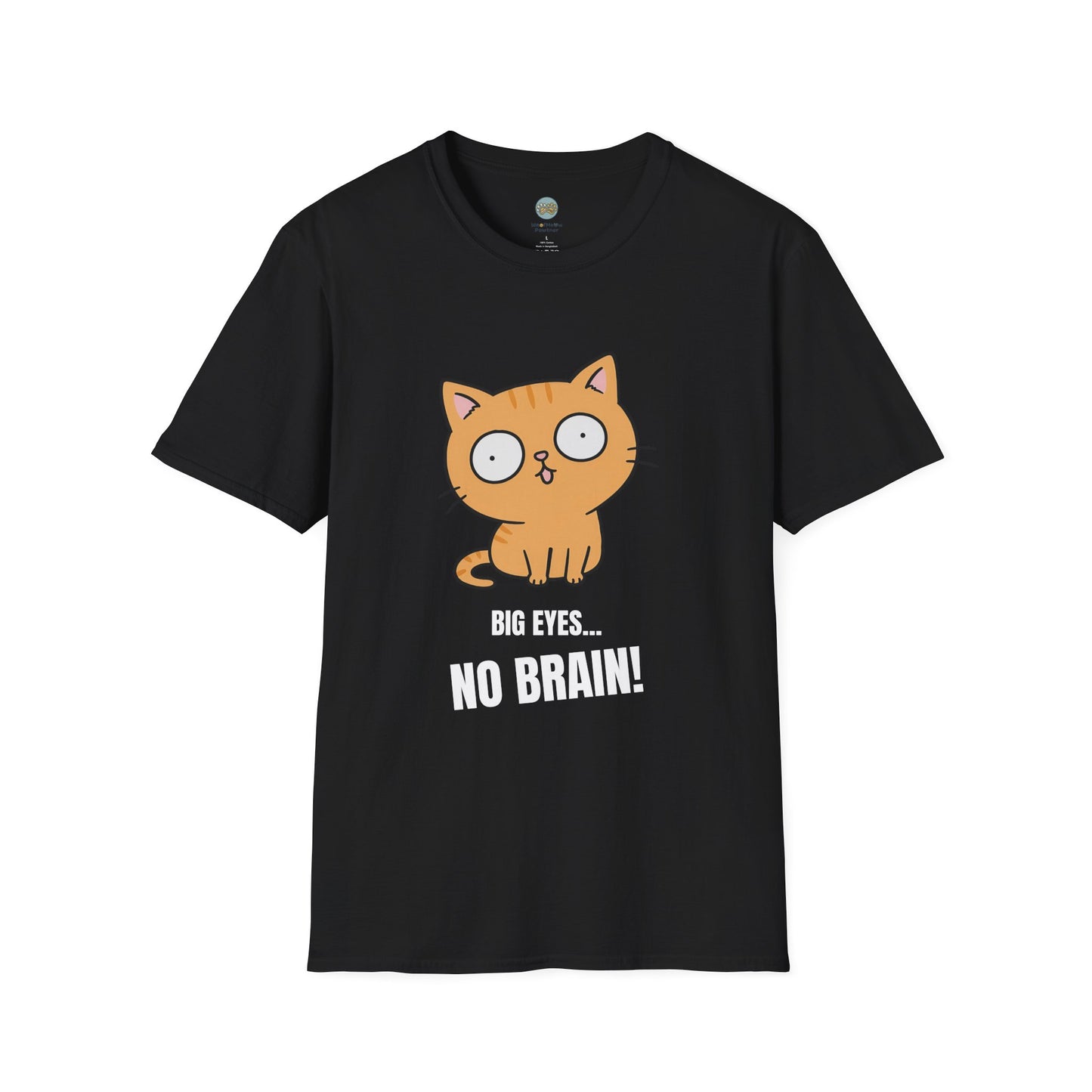 Big Eyes No Brain Orange Cat T-Shirt | Funny Ginger Cat Meme Slogan Tee | Gildan Softstyle 64000