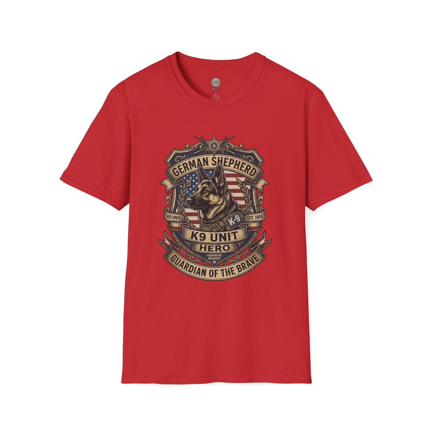 German Shepherd T-Shirt | K9 Unit Est. 1908 - Hero Police Dog Design for GSD Lovers | Gildan Softstyle 64000 Premium Tee