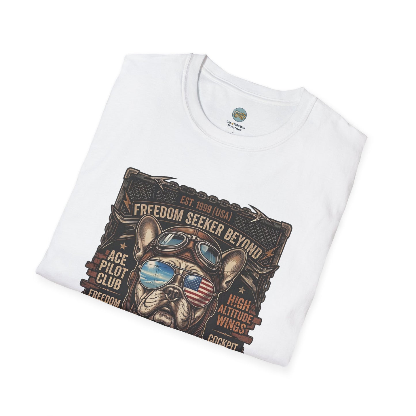Vintage Aviator Frenchie T-Shirt | Freedom French Bulldog Pilot with Goggles | Gildan Softstyle 64000 Premium Tee