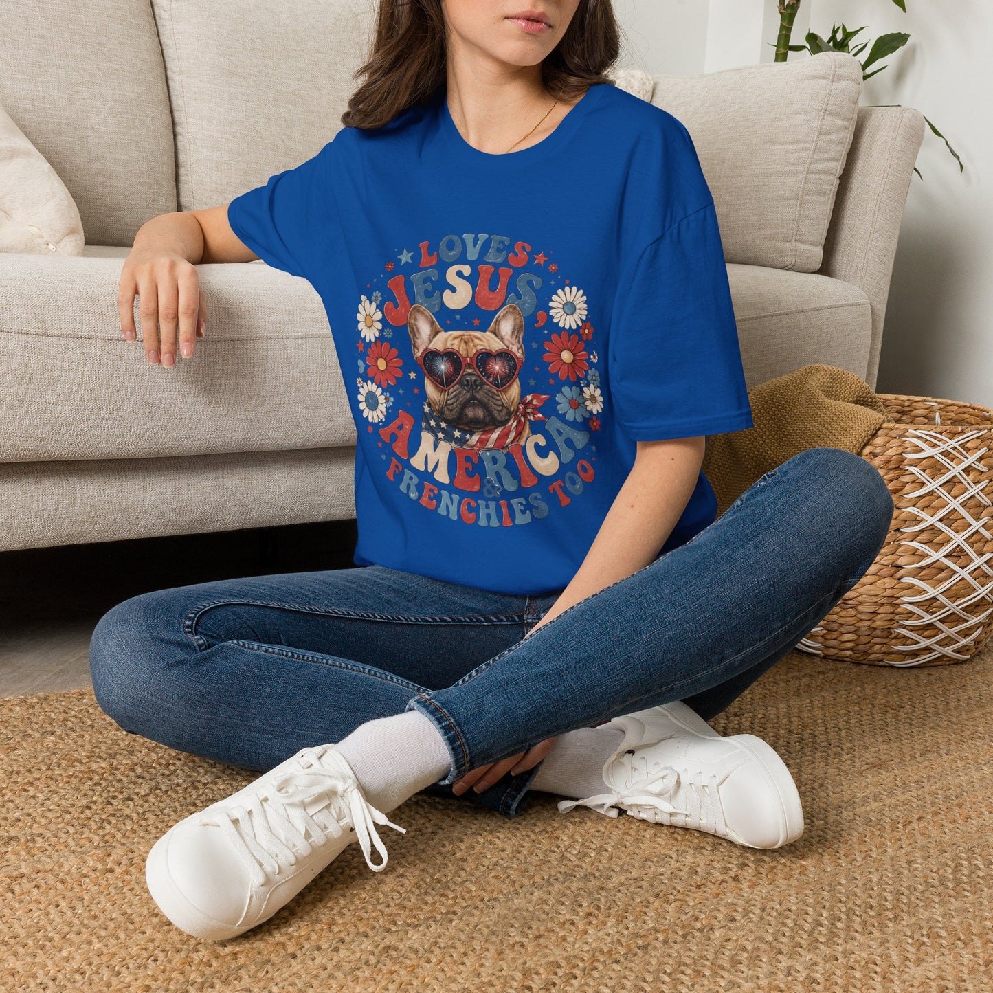 Loves Jesus America and Frenchie Too T-Shirt | French Bulldog Dog Mom Design | Gildan Softstyle 64000