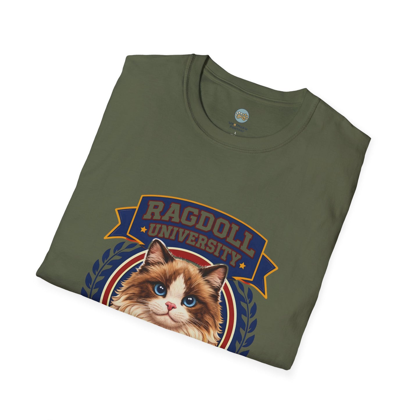 Ragdoll University T-Shirt | Vintage College Crest Style | Gildan Softstyle 64000 Premium Tee for Cat Moms and Dads