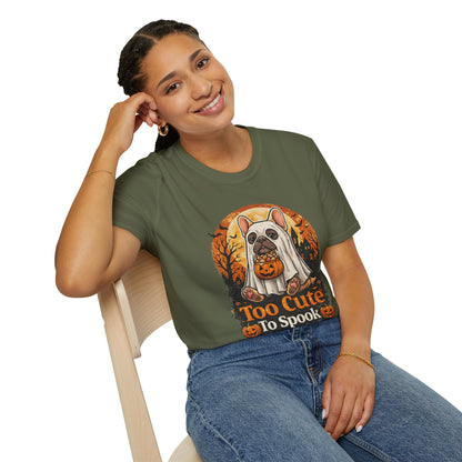 French Bulldog - Too Cute To Spook Halloween T-Shirt | Frenchie in Ghost Costume | Gildan Softstyle 64000 Premium Tee