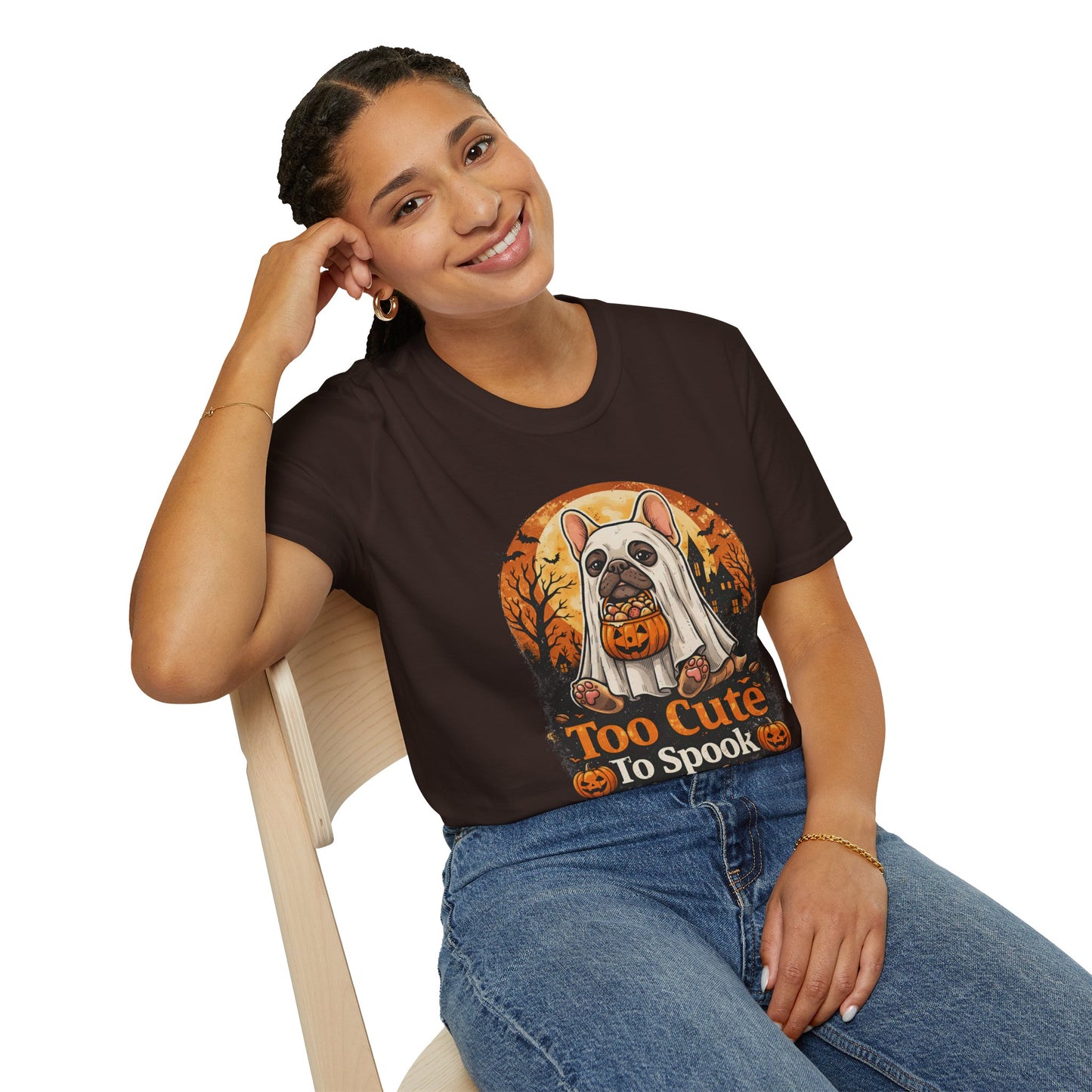 French Bulldog - Too Cute To Spook Halloween T-Shirt | Frenchie in Ghost Costume | Gildan Softstyle 64000 Premium Tee