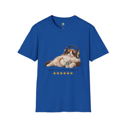 Cat Coffee Review T-Shirt — Relaxed Cat with Headphones & 5-Star Latte Tee | Gildan Softstyle 64000 Premium Tee