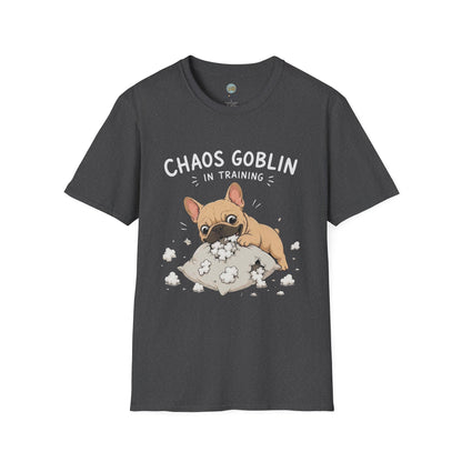 Chaos Goblin In Training T-Shirt | French Bulldog Destroying Pillow | Gildan Softstyle 64000