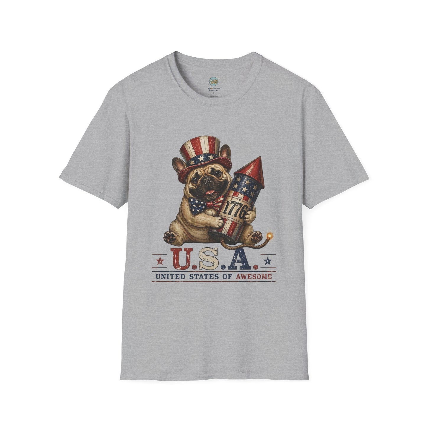 USA United States of Awesome 4th of July T-Shirt | Frenchie with 1776 Firework | Gildan Softstyle 64000