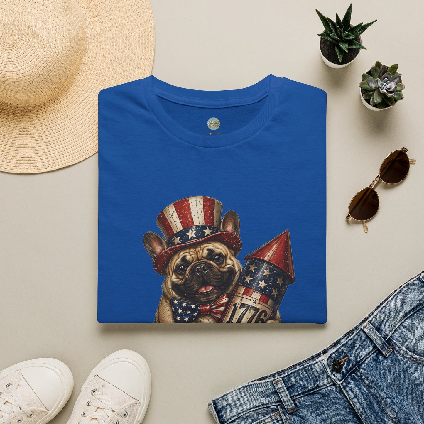 USA United States of Awesome 4th of July T-Shirt | Frenchie with 1776 Firework | Gildan Softstyle 64000