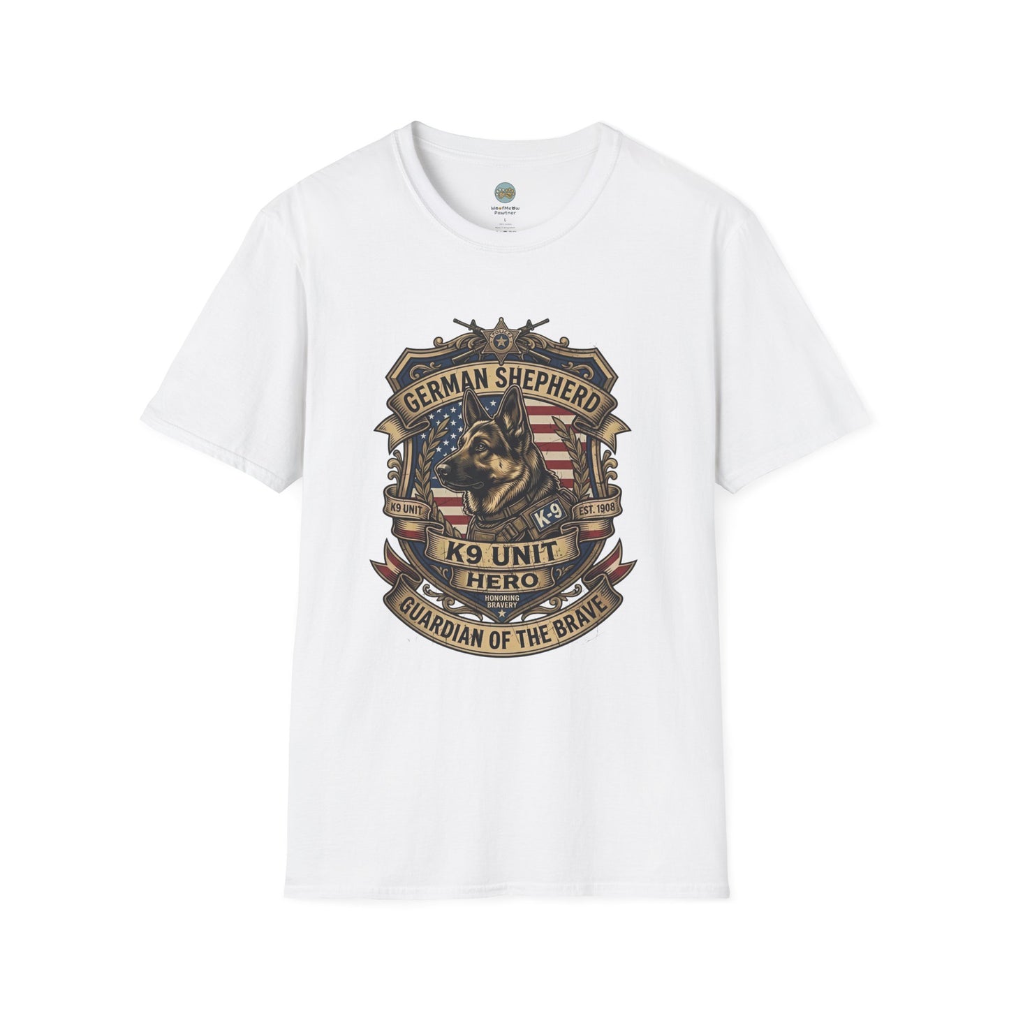 German Shepherd T-Shirt | K9 Unit Est. 1908 - Hero Police Dog Design for GSD Lovers | Gildan Softstyle 64000 Premium Tee