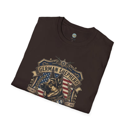 German Shepherd T-Shirt | K9 Unit Est. 1908 - Hero Police Dog Design for GSD Lovers | Gildan Softstyle 64000 Premium Tee