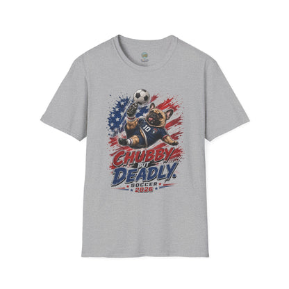 Chubby But Deadly Soccer 2026 T-Shirt | French Bulldog Goalkeeper World Cup | Gildan Softstyle 64000