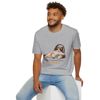 Cat Coffee Review T-Shirt — Relaxed Cat with Headphones & 5-Star Latte Tee | Gildan Softstyle 64000 Premium Tee