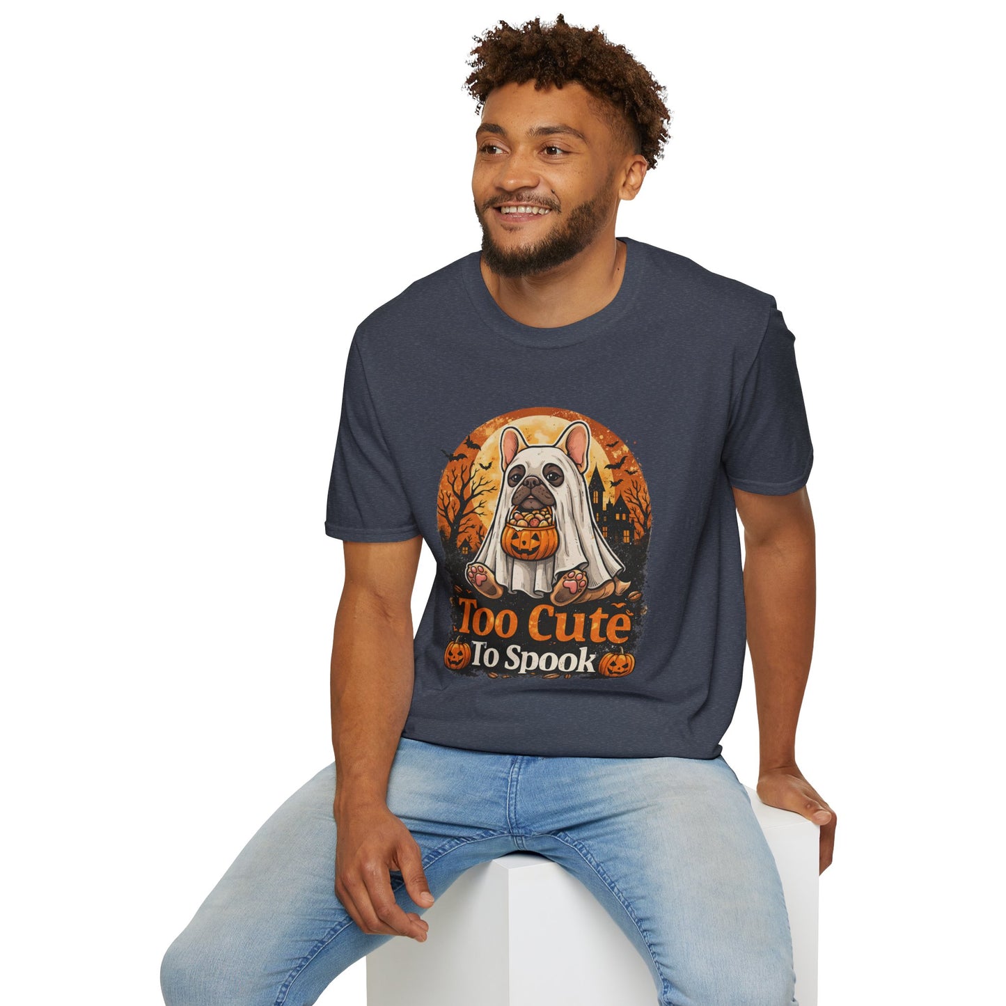 French Bulldog - Too Cute To Spook Halloween T-Shirt | Frenchie in Ghost Costume | Gildan Softstyle 64000 Premium Tee