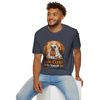 French Bulldog - Too Cute To Spook Halloween T-Shirt | Frenchie in Ghost Costume | Gildan Softstyle 64000 Premium Tee