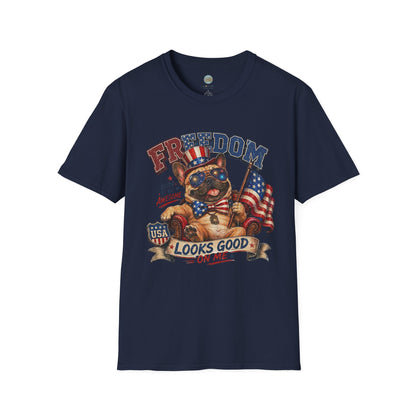 French Bulldog 4th of July Shirt | Freedom Looks Good On Me | Frenchie with American Flag for Dog Lovers | Gildan Softstyle 64000