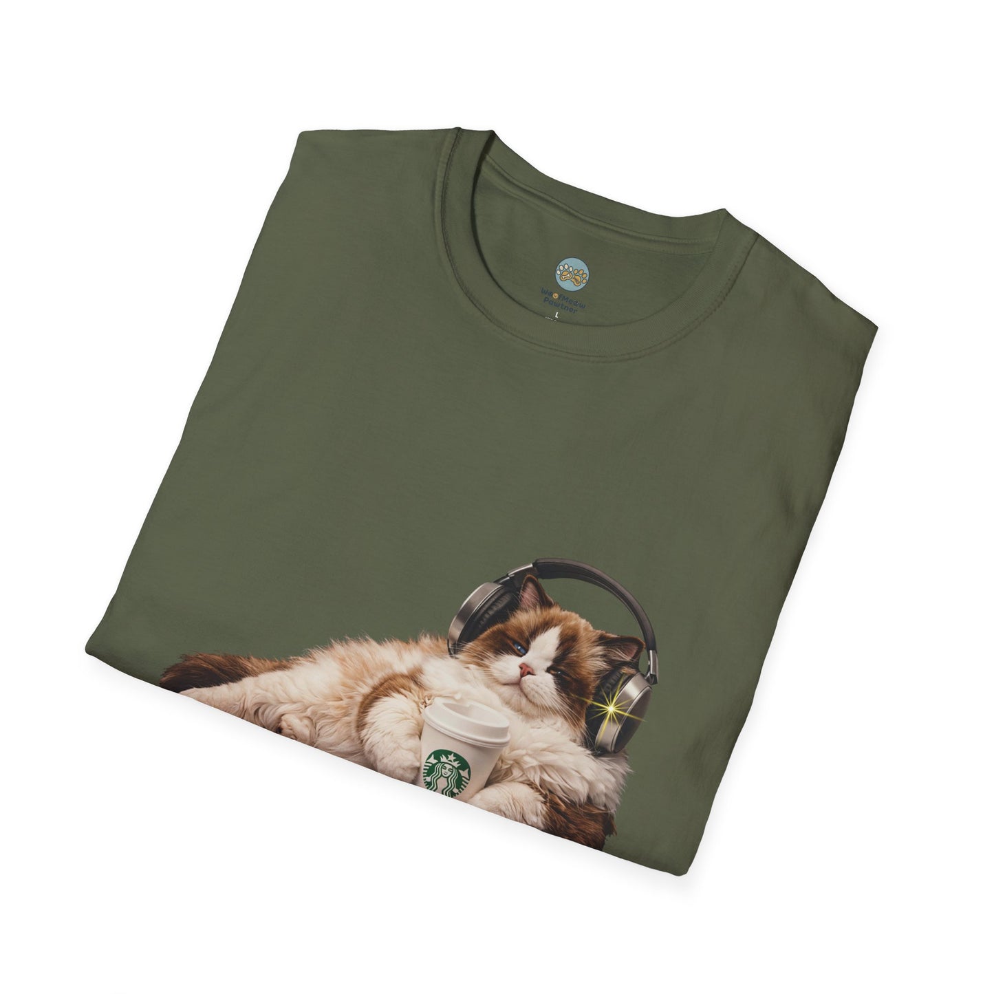Cat Coffee Review T-Shirt — Relaxed Cat with Headphones & 5-Star Latte Tee | Gildan Softstyle 64000 Premium Tee