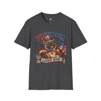French Bulldog 4th of July Shirt | Freedom Looks Good On Me | Frenchie with American Flag for Dog Lovers | Gildan Softstyle 64000