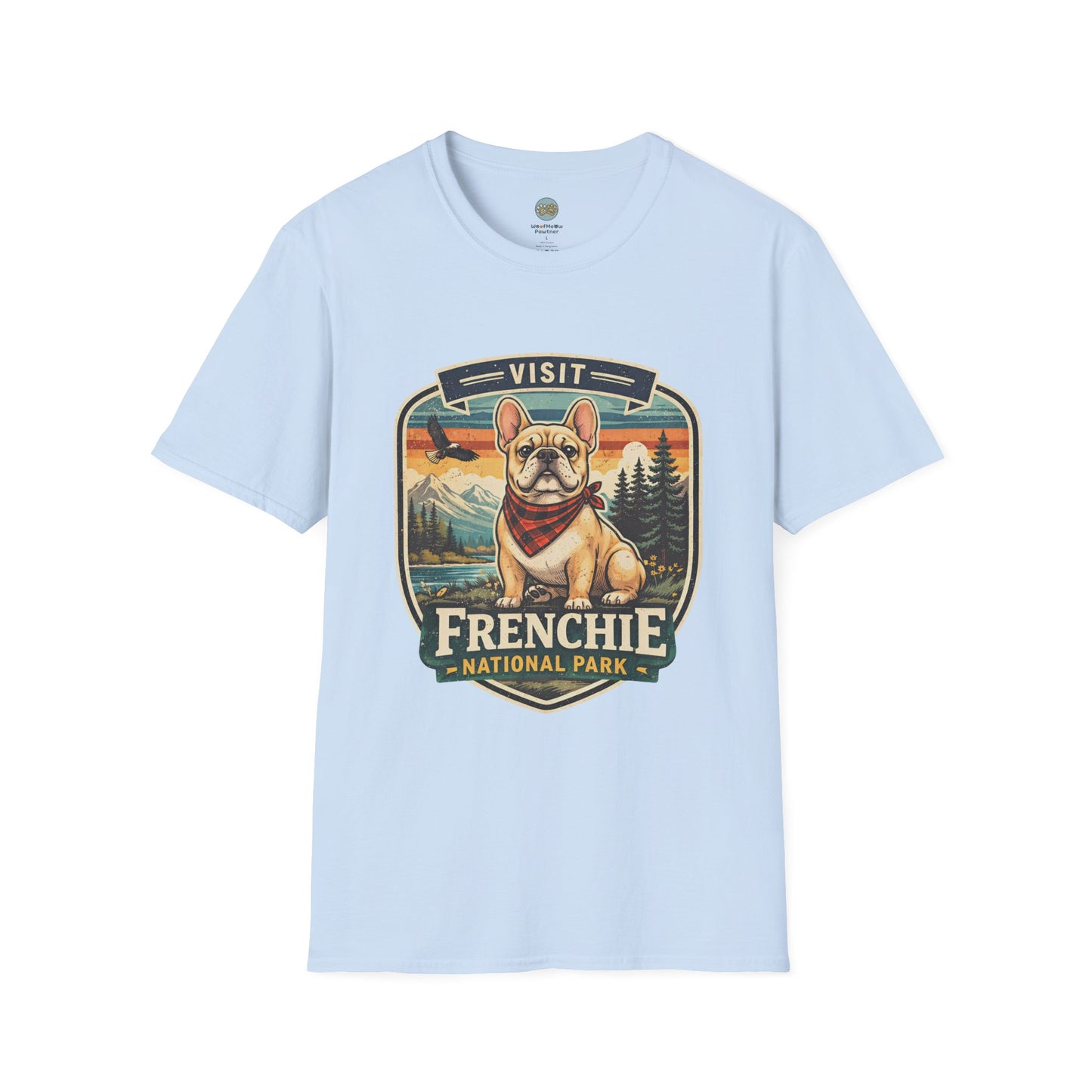 French Bulldog National Park T-Shirt | Vintage Badge Design with Mountains and Sunset for Dog Lovers | Gildan Softstyle 64000 Premium Tee
