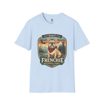 French Bulldog National Park T-Shirt | Vintage Badge Design with Mountains and Sunset for Dog Lovers | Gildan Softstyle 64000 Premium Tee