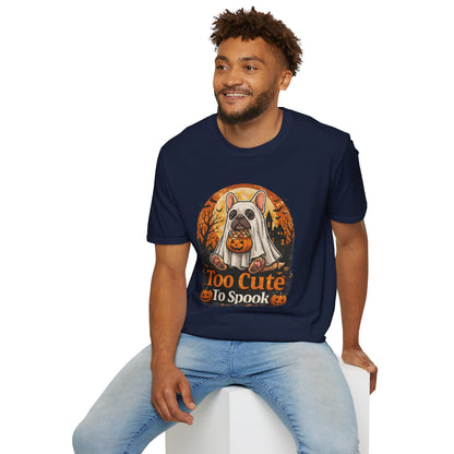 French Bulldog - Too Cute To Spook Halloween T-Shirt | Frenchie in Ghost Costume | Gildan Softstyle 64000 Premium Tee