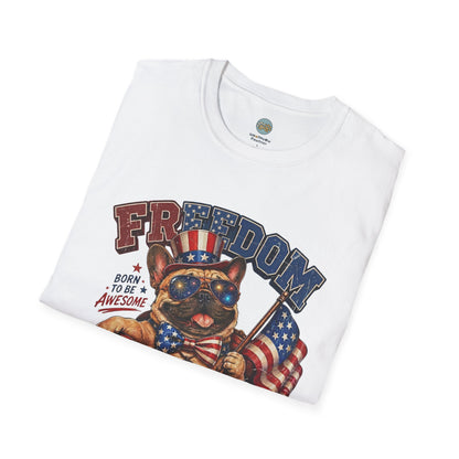 French Bulldog 4th of July Shirt | Freedom Looks Good On Me | Frenchie with American Flag for Dog Lovers | Gildan Softstyle 64000